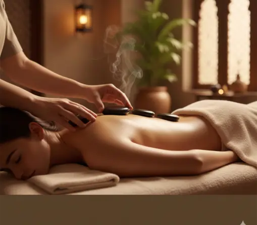 Therapist placing heated basalt stones along a woman’s back during a relaxing hot stone massage in a serene spa setting.
